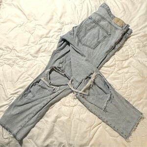 &Denim distressed knee Mom Jean front button up